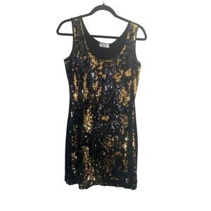 Calvin Klein Black Gold Sequin On Front Sleeveless Dress Bodycon Size 6 #6120